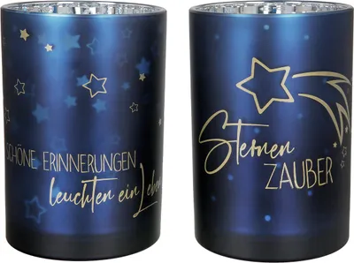 Produktbild von GILDE Windlicht, "Sternenzauber", Spruch, Sternmotiv, Glas, blau, , 2 Stück wie abgebildet, H. 18 cm, D. 12 cm 50889