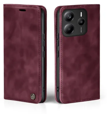 A burgundy flip case for a smartphone is shown from two angles, one closed and one open to reveal the phone's camera module.
