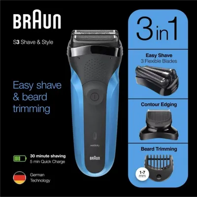 Produktbild von Braun Series 3 Rasierer Herren Elektrisch, 3 Flexible Klingen, Nass- & Trockenrasierer, 310BT, Blau