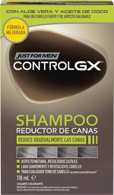 The image shows the front packaging of a Just For Men Control GX shampoo.