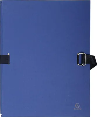 A closed blue document folder with black straps and buckles.