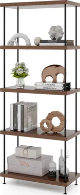 A multi-shelf unit displaying various decorative items and books.