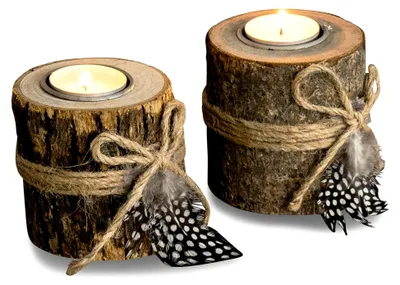 Produktbild von 2er Set Teelichthalter aus Holz, Höhe 8,5 cm, Kerzenhalter mit Federn, Tischdekoration