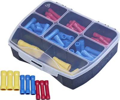 A storage box filled with electrical connectors in red, blue, and yellow.