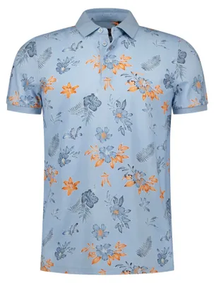 Produktbild von Hellblaues Poloshirt New Zealand oranger Blumendruck