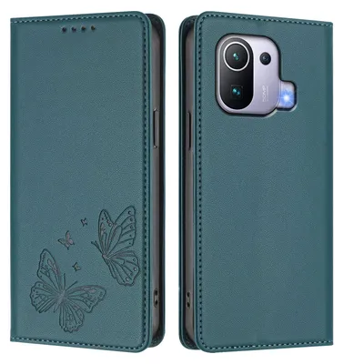 Produktbild von Lederhülle für Xiaomi Mi 11 Pro, Schmetterling Prägung Leder Brieftasche Schutzhülle mit Ständer Grün