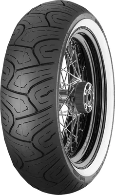 A close-up of a motorcycle tire with a whitewall.