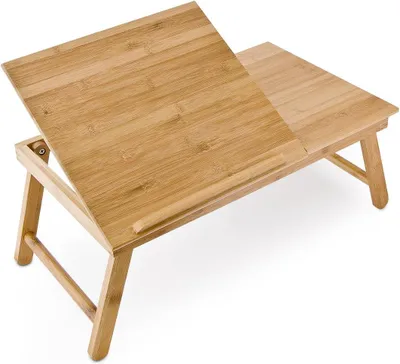 Image de Tablette d'ordinateur portable en bambou - 24 x 55 x 33 cm - Table d'appoint avec compartiment - Table de lit réglable - Table d'appoint pliable - Naturel