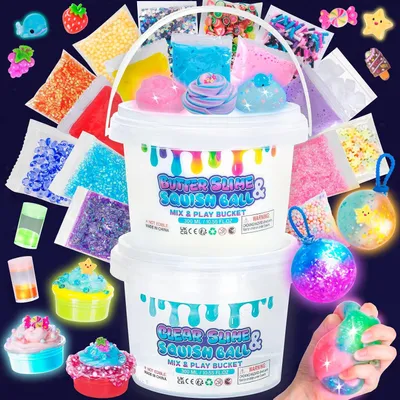 Productafbeelding van Lichtgevende slime en squishy DIY set - 300ml heldere slijm & boter set met 25
