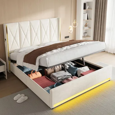 Produktbild von LVHOM Polsterbett mit Stauraum, Doppelbett mit LED, USB-Anschlüsse und Seitentaschen, Funktionbett, 180x200 cm, Beige