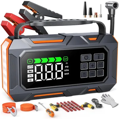 Obrázok produktu pre Prenosná nabíjačka Starthilfe 14 v 1 s kompresorom 8000A, 26800 mAh, 160 PSI, pre benzínové/naftové motory, s 5 LED svetlami a súpravou pre núdzové situácie