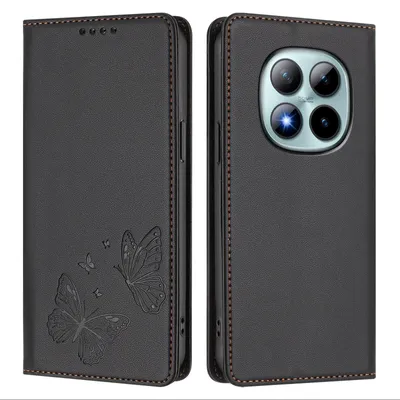 Produktbild von Lederhülle für Xiaomi Redmi Note 15 Pro+, Schmetterling Prägung Leder Brieftasche Schutzhülle mit Ständer Schwarz