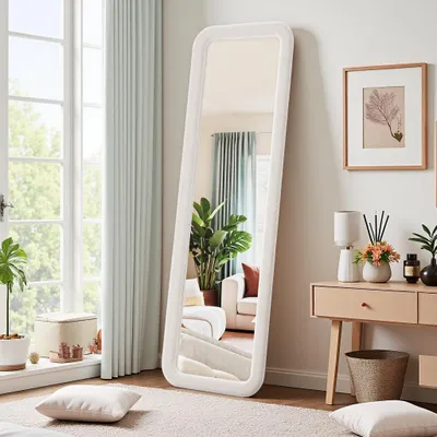 Produktbild von REMZETTA Ganzkörperspiegel 160 x 50 cm, weißer Standspiegel mit Flanellrahmen, zum Aufstellen, Aufhängen oder Anlehnen, für Schlafzimmer und Flur