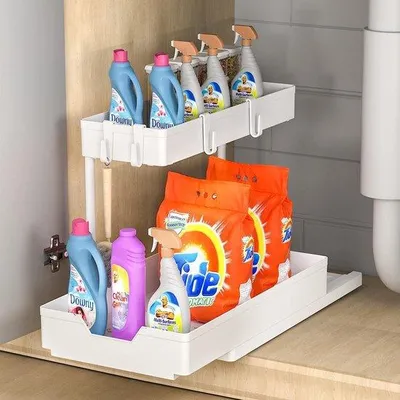 Productafbeelding van Unyqoos® Onderkastorganizer, L-vormig – uitschuifbaar onderkastrek, 2 niveaus, 37,5 x 24 x 35,5 cm, ABS & roestvrij staal, 4 haken, wit, draagvermogen 100 kg, voor keuken en badkamer