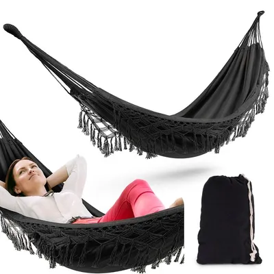 Obrázek produktu pro di volio Brazilská prémiová houpací síť BARI s třásněmi v boho vzhledu - závěsné lehátko pro dvě osoby 200 x 150 cm (černá)