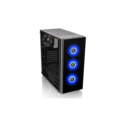 A black computer case with blue LED lights on a white background.