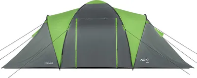 A front view of a gray and green tent against a white background.