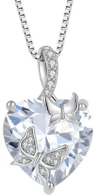 Image de Collier pour femme en argent sterling 925, avec un pendentif en forme de papillon et de cœur, orné de pierres de naissance et de zircones, longueur 45 + 3 cm