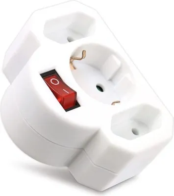 A white electrical adapter with three sockets and a red on/off switch, shown against a white background.