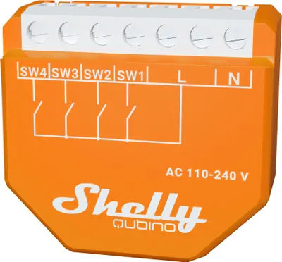 A Shelly Qubino Wave i4 module with its terminals and labels.