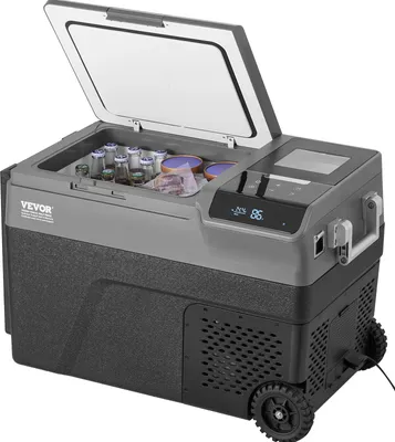 A portable car refrigerator with its lid open, showing bottles and containers inside. It has wheels and a digital display.