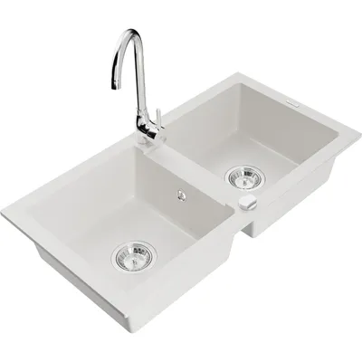 Obrázok produktu pre Mexen Mario granitový dvojkomorový drez s kuchynskou batériou Telma, biela- 6504-20-670200-00