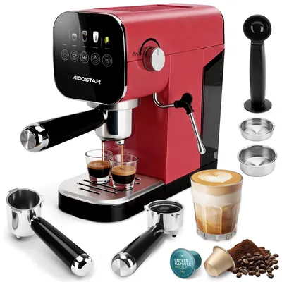 Aigostar - Espresso Siebträgermaschine, Kompatibel mit Kapseln und Gemahlenem Kaffee, 20 Bar, Digitales Touchpanel, 1/2 Tassen, Rot