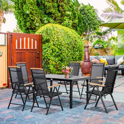 Produktbild von Gartenmöbel Set 6 Personen klappbar, Sitzgruppe Gartentisch Stühle, Aluminium Holzoptik, Schwarz | 140 x 90 x 74 cm | 7-stufige Rückenlehne