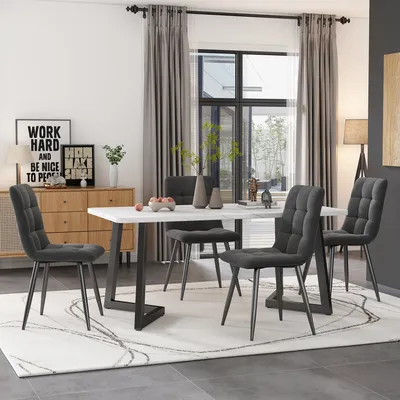 Obrázek produktu pro Sada jídelního stolu Sweiko 117 cm se 4 židlemi, obdélníkový jídelní stůl  Moderní kuchyňský stůl, jídelní židle tmavě šedá sametová kuchyňská židle, černé nohy stolu