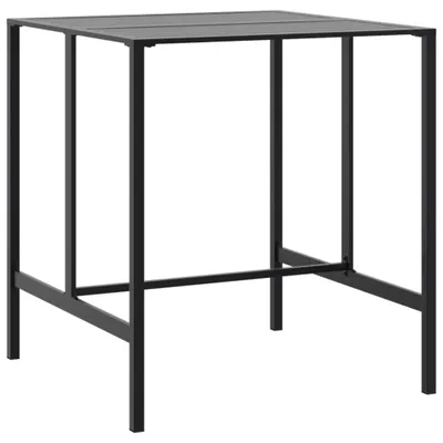 A black metal bar table is shown against a white background.