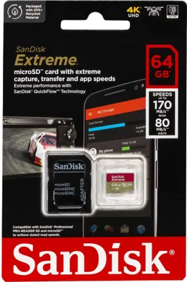 Immagine prodotto di SanDisk Extreme - Scheda di memoria flash (adattatore da microSDXC a SD incluso) - 64 GB - A2 / Classe video V30 / UHS-I U3 / Classe10 - microSDXC UHS-I