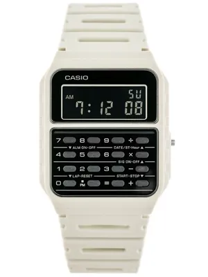 A white Casio calculator watch is shown against a white background.