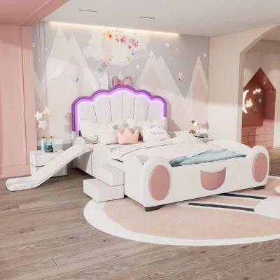 Produktbild von Rosa Weiß Kinder-Cartoon-Bett mit LED-Farbwechselleuchte, Fernbedienung, Rutsche & Leiter, PolyurethanMaterial, Schmetterlingsdesign, 140x200 cm, weiß