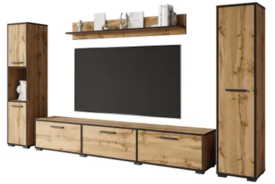 A modular entertainment center with a TV, shelving, and storage units.