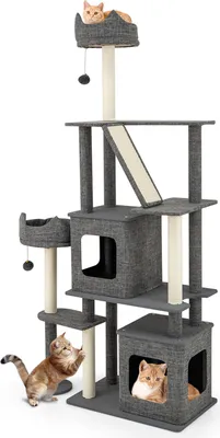 Produktbild von GOPLUS Kratzbaum, 180 cm Katzenbaum mit große Plattformen, Katzenbett, 4 Kratzsäulen, 2 Ball & 2 Höhlen, Stabiler Katzenkratzbaum, Grau