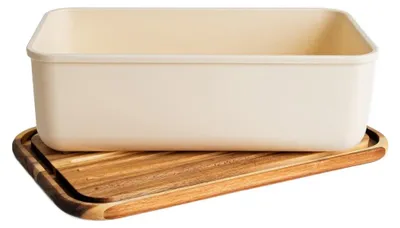 Zdjęcie produktu dla HOMLA Chlebak NORIS z akacjową pokrywą z funkcją deski do krojenia śmietankowy 40x24x13cm
