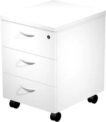 Imagen del producto de Artexport: Cómoda de 3 cajones con ruedas, guías metálicas y cerradura, color blanco, desmontada.