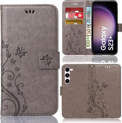 Collage of images showing a grey flip phone case with a floral pattern, a phone inserted into the case, and cards and currency in the card slots.