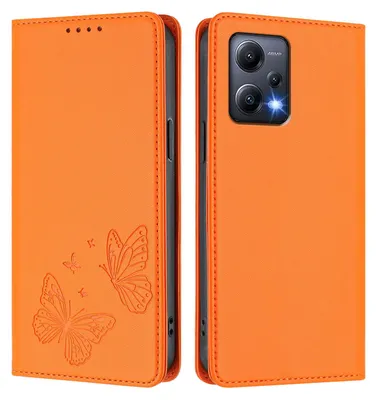Produktbild von Lederhülle für Xiaomi Poco X5/Redmi Note 12 5G, Schmetterling Prägung Leder Brieftasche Schutzhülle mit Ständer Orange