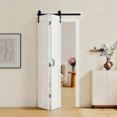 Obrázok produktu pre VEVOR Skladacie posuvné dvere v štýle stodolových dverí 914 x 2134 mm z MDF, s kovaním a priestorovo úsporným dizajnom H-rámu, skladacie posuvné dvere do spálne alebo obývacej izby, biele (vyžaduje montáž)