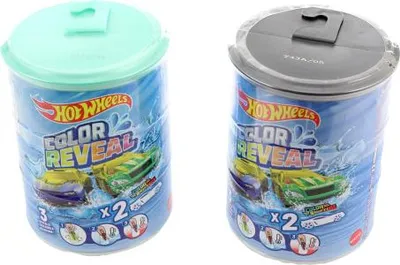 Two Hot Wheels Color Reveal toy car containers are shown side-by-side against a white background.