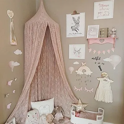 Produktbild von Spitze Baldachin Moskitonetz Betthimmel aus Spitze & Baumwolle für Schlafzimmer Ankleidezimmer Spiel Lesen Zeit Höhe 240 cm Saumlänge 270cm (Spitze Baldachin-Pink)