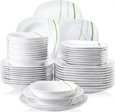 Produktbild von Lavish Tafelservice – 48-teilig – Keramik – Frühstücksteller – 12 Personen – Weiß mit grüner Streifen