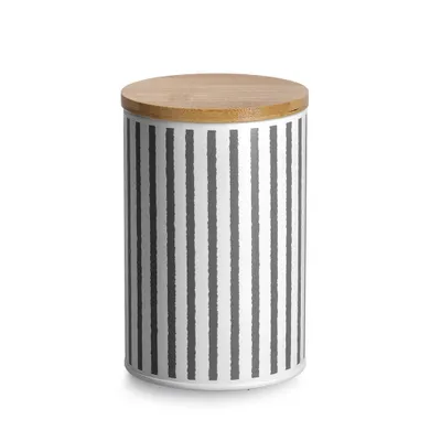 A cylindrical metal jug with a wooden lid and a striped pattern.