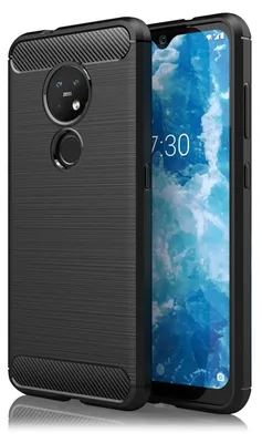A black phone case is shown next to a smartphone with a blue and white wallpaper.