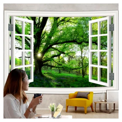 Produktbild von XXL Wandteppich Wald Fenster, 350x256cm Natur Wandtuch Wald Jungle Fensterblick Schlafzimmer