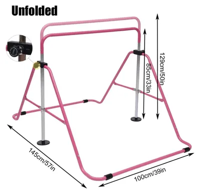 Obrázok produktu pre Detská gymnastická tyč – skladacia – výškovo nastaviteľná (85-130 cm) – s možnosťou uchytenia hojdačky – na posilňovanie rúk – od 3 rokov – ružová