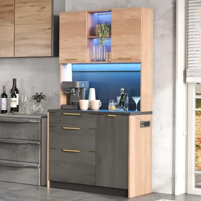 Immagine prodotto di Merax Elegante mobile alto da cucina con illuminazione a LED effetto cemento, mobile alto con piano di lavoro e presa EU, credenza in MDF, nero