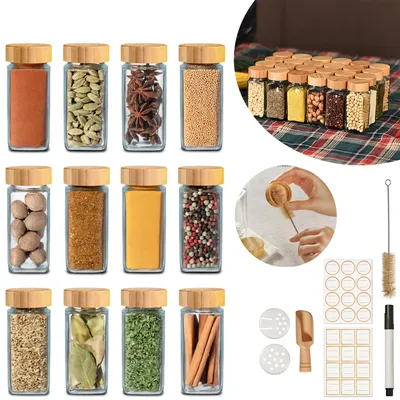 Produktbild von Gewürzgläser Eckig Set mit Bambusdeckel, Mit Etiketten, Luftdicht, Platzsparende Gewürzbehälter Glas, Gewürz Organizer Leer für Schublade