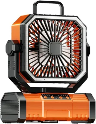 Produktbild von Tragbarer Camping- und Tischventilator mit LED-Licht, 4 Geschwindigkeitsstufen, starkem Luftstrom und 4 Timer-Einstellungen; inklusive Fernbedienung und Haken, um 270° drehbarem Kopf und USB-Ladefunktion.